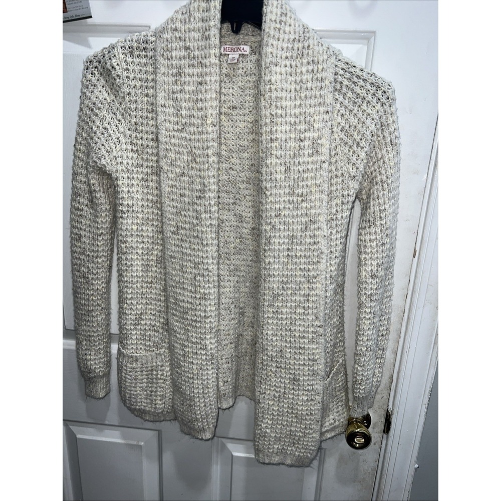 Merona Women's M Waffle Knit Cardigan Cream Tan Beige Coverup Warmโ Pockets 404